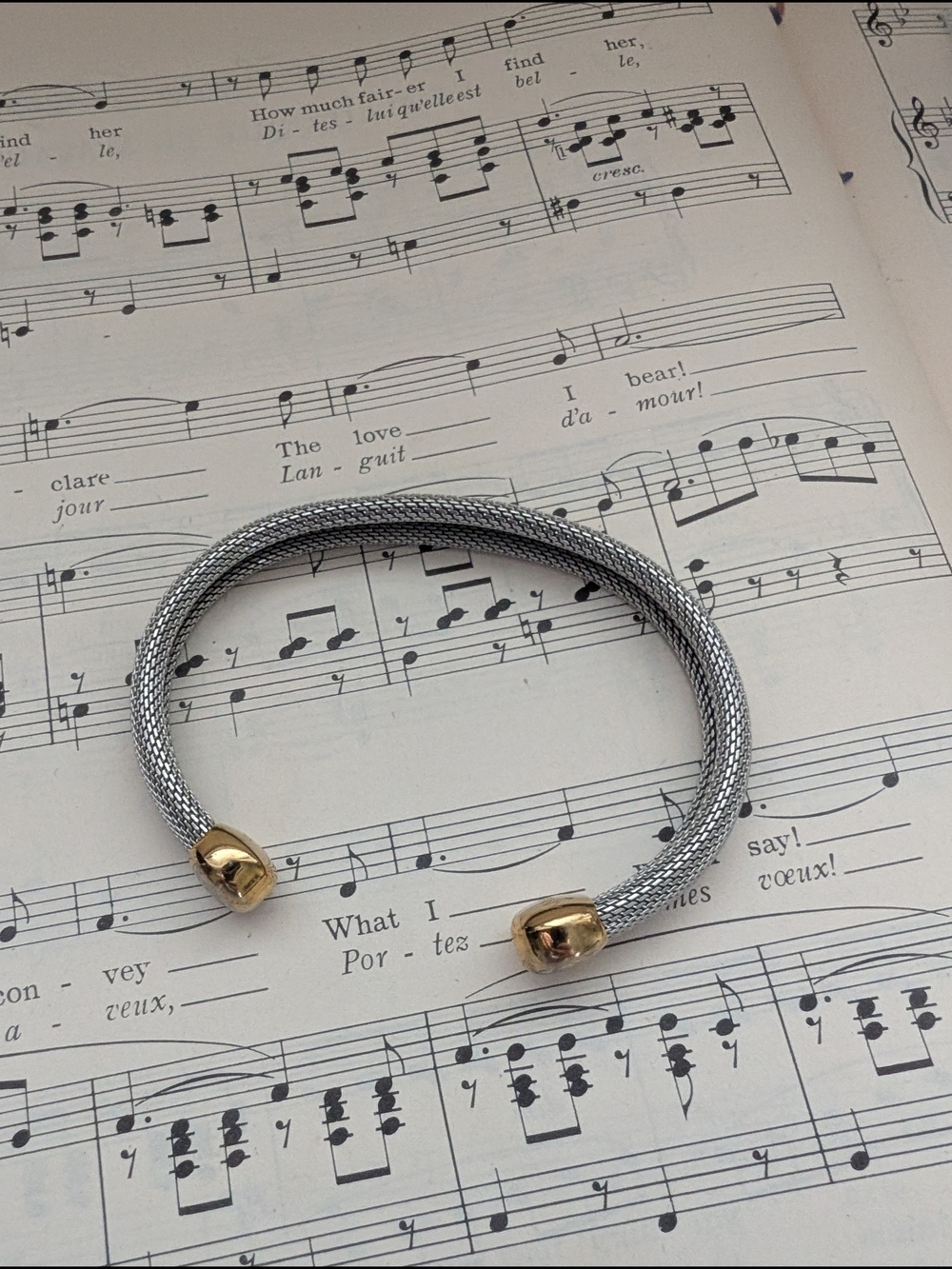 Silver Mesh Cuff Bracelet with Gold End Caps - Women Jewelry